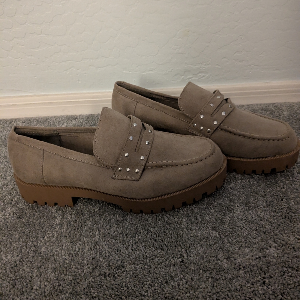 Sun + Stone Women's Taupe Loafers with Stud Accents